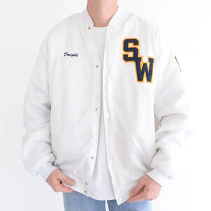 VTG 90S Asw Jackets  White & Navy Embroidered Southwestern Varsity Bomber Jacket
